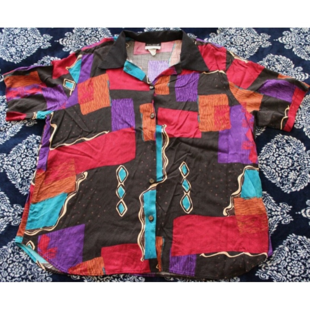 Vintage 90s Caliche Collection Sz XL Abstract Colorful Button Shirt Made in USA